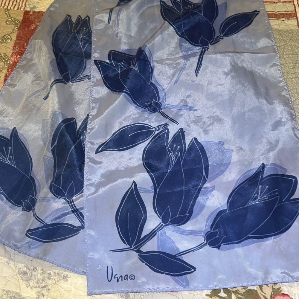 Vera Neumann blue floral scarf oblong 46” x 10”